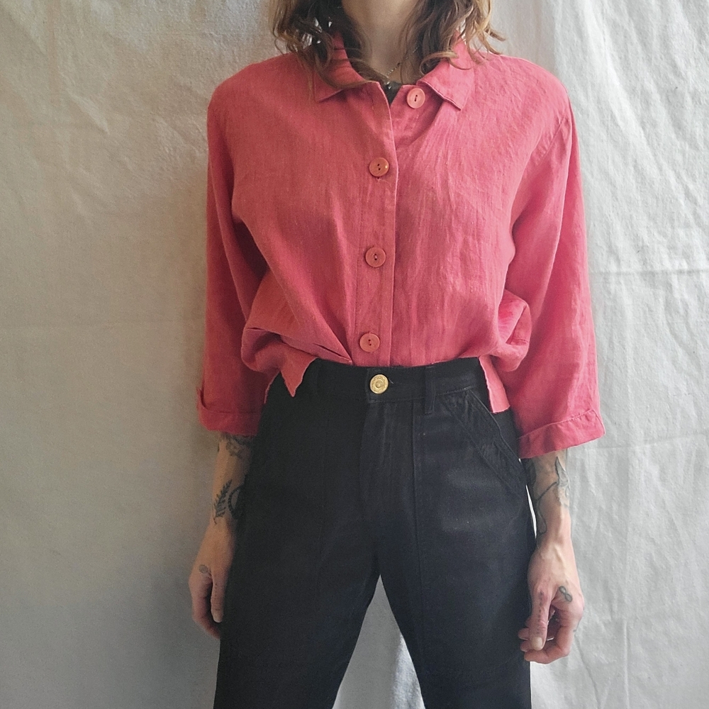 Vintage Carol Anderson Collection Linen Chore Jacket Shirt Red Small